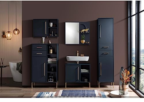 Lomadox Badmöbel Set Spiegel Hochschrank Waschbeckenunterschrank Hängeschrank Highboard in blau