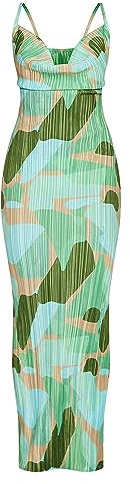 LASPIA Maxikleid mit Wasserfallausschnitt, sexy Schulterträgern, plissiert, Maxilänge – Sommerkleid für Hochzeitsgäste für Damen, Grün, Klein