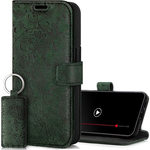 SURAZO Custodia per Apple iPhone 15 Plus, in pelle, pieghevole, in vera pelle, con chiusura magnetica, scomparto per carte di credito, protezione RFID, a portafoglio, in pelle, motivo floreale verde