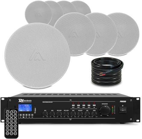 Amate Commercial Ceiling Speaker System with PRM360 6-Channel Mixer Amplifier, Bluetooth, MP3, 4-Zone PA System, 8x CS7 6.5-Inch 100V Line Public Address Speakers