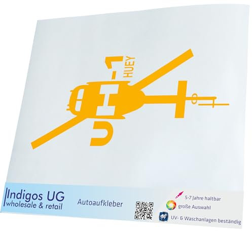 INDIGOS UG Auto Aufkleber UH - 1 Huey - gelb - 69x149 - konturgeschnittener Autoaufkleber ohne Hintergrund - Selbstklebender Sticker für Auto, Fenster, Bus oder LKW - UV-beständig & wetterfest