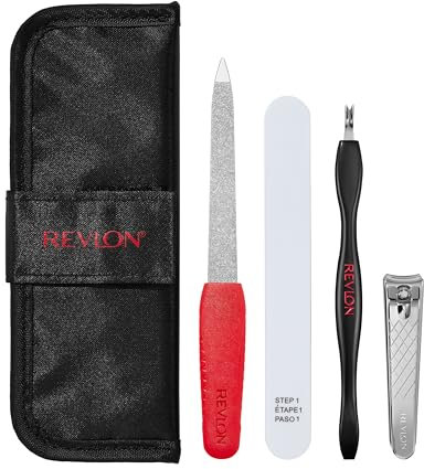 Revlon Nail Care Set with Travel Case, Dual Ended Cuticle Trimmer, Curved Blade Nail Clipper, Compact Emery Nail File and Buffer, Red, 1 Count