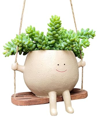 GUAHKUN Hängende Blumentöpfe mit Swing Face, Swinging Plant Pots, Langlebiger Pflanztopf für die Wand, Niedlicher Blumentopf mit Lächelgesicht und Schaukel für Haus und Garten (A)