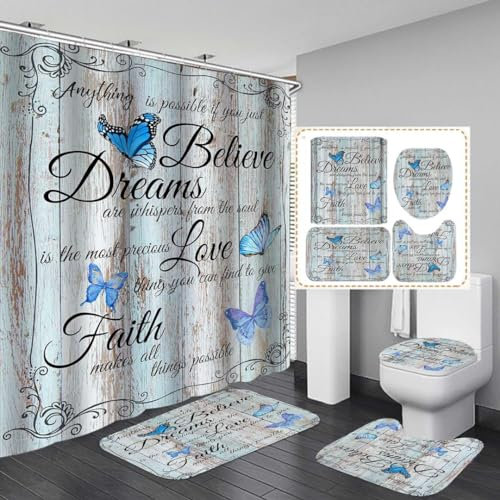 AYULO 4 PCS Blue Butterfly Shower Curtain Set with Rugs and Accessories Non-Slip Rugs, Toilet Lid Cover and Bath Mat Waterproof Shower Curtains Inspirational Quotes Farmhouse Bathroom Decor