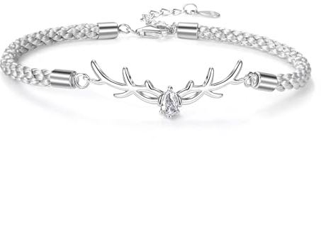 Geweih Armband 925 Silber Damen,Geflochten Seil Zirkonia Verstellbar Liebes Armbänder Reh Kitz Sikahirsch Hirsch Glücksarmband Schmuck Geschenke für Frauen Frau BFF Teenager Kinder Mädchen Weihnachten