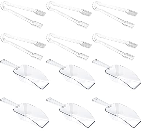 LYCN Juego de 12 pinzas de plástico para hielo, pinzas para dulces y dulces, mini cucharas de hielo transparentes para servir postres y fiestas de bufé (6 cucharas y 6 pinzas)