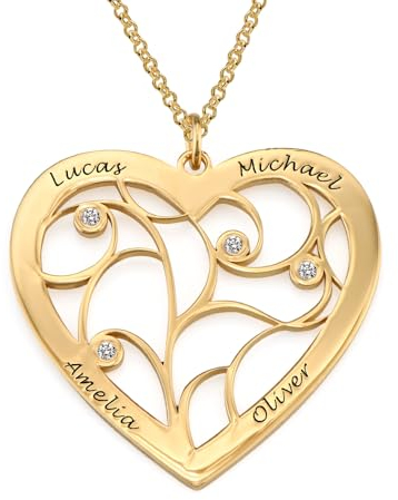 MYKA - Personalisierte Herz-Stammbaum-Halskette mit Diamanten/Geburtssteinen - Individuelles Geschenk für Sie, Frauen - Schmuck zum Muttertag (mit Diamant, 750er Vergoldet)
