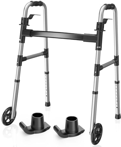 Loyoda Folding Walker with 2 Skis and 5 Wheels, Lightweight Walkers for Seniors and Adults, Supports Up to 350 Pounds, Adjustable Height, Compact Standard Walker, Black