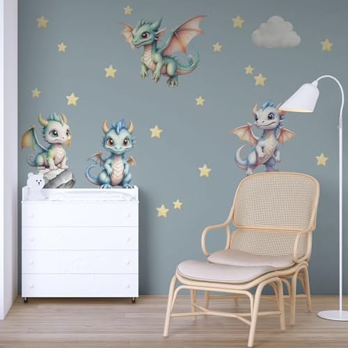 Unik Nordic Wandsticker Drachen und Sterne Motiv B, XL - 75 x 130 cm, Aufkleber für die Wand, Wandtattoo rückstandslos entfernbar, Wanddekoration für Kinderzimmer und Babyzimmer, Wandaufkleber