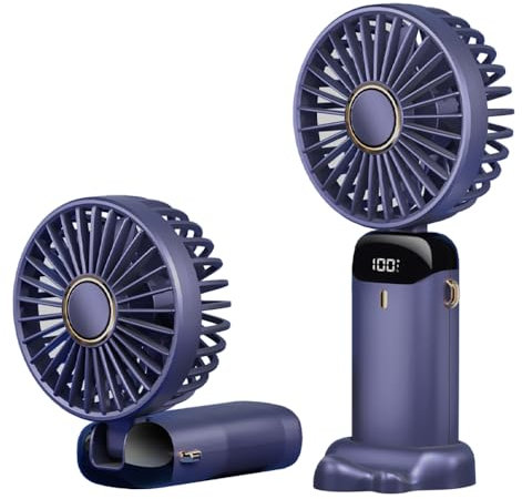 SAUGLAE Hand Held Fan, Portable USB Rechargeable Fans with 5 Speeds, Built-in 5000mAh Battery Operated Mini Foldable Desk Desktop Fans with LED Display for Home Office Bedroom Outdoor Travel (Blue)