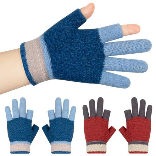 Kiiwah 2 Paar Fingerhandschuhe Kinder 5-12 Jahren, Winter Strickhandschuhe Fingerlose Handschuhe für Mädchen Jungen, Warme Kinderhandschuhe Ohne Finger (Blau, Braun)