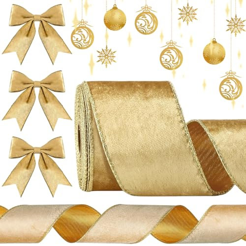 KVGBNT Schleifenband Weihnachten, Weihnachten Deko, 9,1M Weiches Schleifenband 63MM Schleifenband Weihnachten Für Weihnachten Basteln, Geschenkverpackungen, Baumschmuck Weihnachten (Gold)