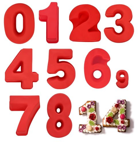 EILYGK Kuchenform Zahlen, 9 Stück 10 Zoll Number Cake Backform, Großes Silikon Zahlenbackform Zahlen kuchenform Zahlen Backform Zahlentorte für Backen(0-8)-Rot