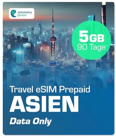 Simmetry Asia Daten eSIM, 5GB, 90 Tage, kompatibel mit eSIM-fähigen iOS- und Android-Geräten, Hotspot-Sharing erlaubt, ideal für Lange Reisen oder dauerhafte Nutzung.
