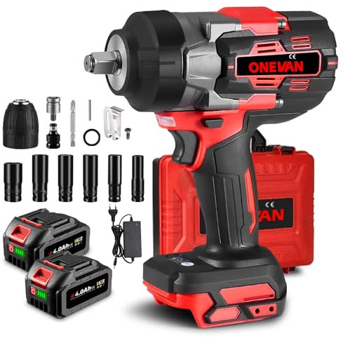 ONEVAN cle a choc sans fil 1700 N.m, 1/2 clé à choc sur batterie avec 2 batteries 4,0 Ah et 6 clés à douille (14/17/18/19/21/22mm), sans balais, boulonneuse a choc électrique pour projets intensifs