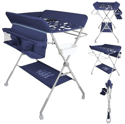 Baby Wickelkommode - Klappbar Wickelkombi - Tragbar Babypflegetisch, Mobiler Wickeltisch mit Sicherheitsgurt und Ablagefächern, Höhenverstellbar & Klappbar (Blau - 77 * 63 * 101cm)
