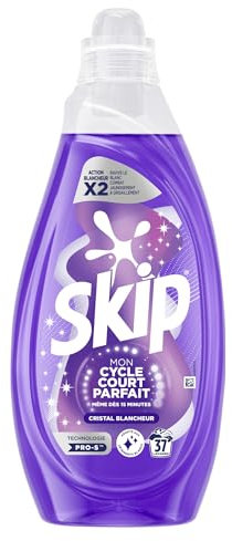 Skip - Lessive Liquide - Cycle Court Cristal Blancheur - Ravive le blanc et combat le jaunissement - Résultat optimal en cycle court - 37 Lavages