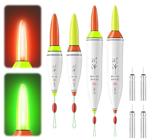 Lergas 4 Stück LED Posen Angeln Mit Bissanzeiger, Leuchtposen LED Angelposen, Schwimmer Angeln Mit LED Verfärbung und Batterie, Angel Zubehör Posen Zum Tauchgebiet Angeln Am See, Fluss Oder