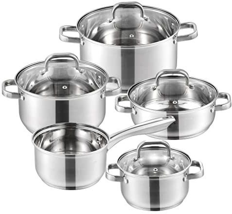 Cooking Pot, Frying Pan,Cookware Set Stainless Steel 9-Piece Kitchen Cooking Pot&Pan Set Non Stick Frying Pan Saucepan Casserole Glass Lid Vision
