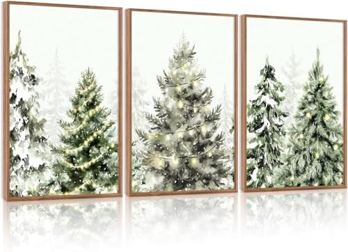 CHDITB 3pcs Winter Pine Trees Framed Canvas Wall Art,Minimalist Snow Covered Pine Decor,Nature Snowy Forest Wall Painting,Christmas Trees Art Prints For Living Room Xmas Holiday Winter Decor,30x40cm