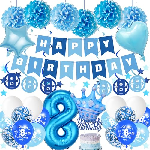 Geburtstag 8 Jahre Junge Luftballon - 35 StüCk Blau Geburtstagsdeko | Happy Birthday Banner Riesen Folienballon Zahl Girlande Tortendeko Papier Pompons Deko FüR Jungen 8. Party Dekorationen