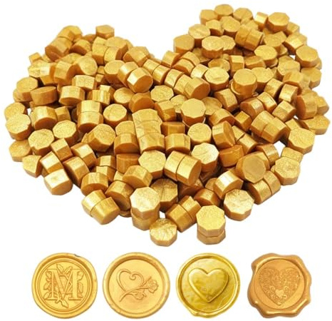 Juguta 100 Stück Siegelwachs Perlen,Siegellack Perlen,Wachssiegel Stempel, Siegelwachs Perlen Set, Wachs Achteckig, Für Geschenkverpackungen, Karten, Einladungen, Umschläge, Gold