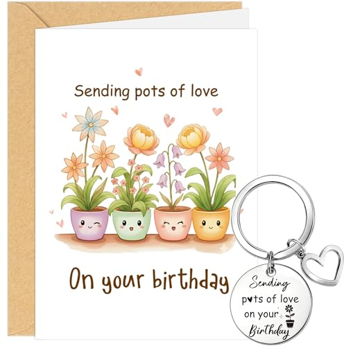 Birthday Card with Cute Potted Plants | Sending Pots of Love Greeting Card and Keychain with Envelope and Pouch, Fun and Healing Birthday Gifts for Women Men