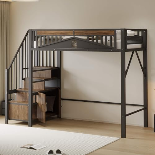 YCYDHDM Hochbett Metallbett 90x200 cm mit Treppe und Stauraum, Etagenbett mit Stauraumschrank, Sicherheitszaun-Design, Bett für Kinder, Jugendliche und Erwachsene, Schwarz