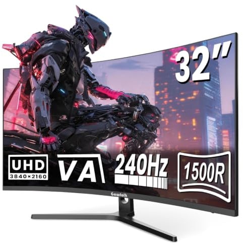 Gawfolk Monitor Gaming Cuverd 32 Pollici 4K UHD 240Hz Curvo 1500R Risoluzione 3840x2160 Tempo di Risposta 1ms Compatibile G-Sync & FreeSync, HDR, HDMI 2.1 & DP 2.0, Supporto VESA 75x75mm