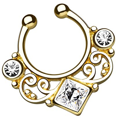 Piersando Fake Piercing Klemm Ring Nasenring Hänger Tribal Vintage mit Zirkonia Kristallen für Septum Tragus Helix Nase Lippe Ohr Intim Gold