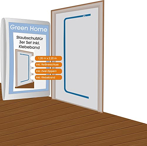 Green Home Staubschutztür (Vlies) inkl. doppelseitigem Klebeband und 2-seitigem Reißverschluss [Set 2: 3er Set MIT Klebeband] Weiß