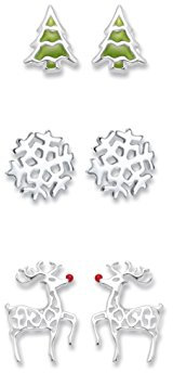 Heather Needham Sterling Silver Christmas Earrings set: Christmas tree, Rudolph Red nosed reindeer MUCH SMALLER THAN SHOWN. 7mm-10mm.Gift boxed 04550set