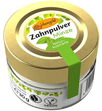 Birkengold Zahnpulver Minze 30 g Glas, 1 Stück, plastikfrei, im Glastiegel verpackt, 100% natürliche Zutaten, keine Schaumbildner und Konservierungsstoffe, Naturkosmetik zertifiziert, vegan