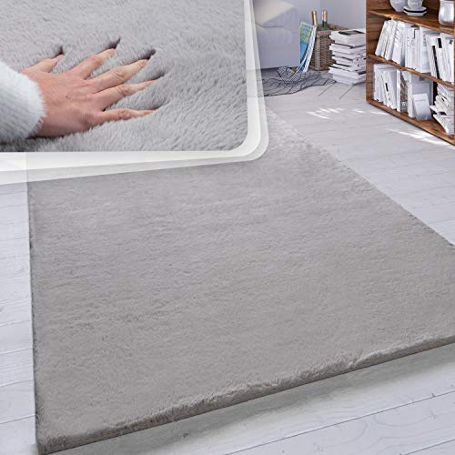Paco Home Hochflor Teppich Wohnzimmer Schlafzimmer Shaggy Modern Flauschiger Fellteppich Weich Fell Imitat Kunstfell Einfarbig, Grösse:160x230 cm, Farbe:Grau