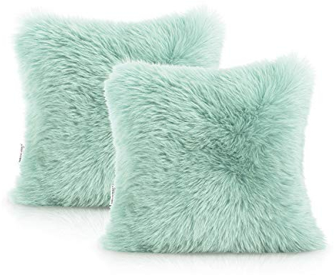AmeliaHome Kissenbezüge Lammfell Kunstfell 2er Set Kissenbezug Deko Kissenhülle 45 x 45 cm Dokka Minze