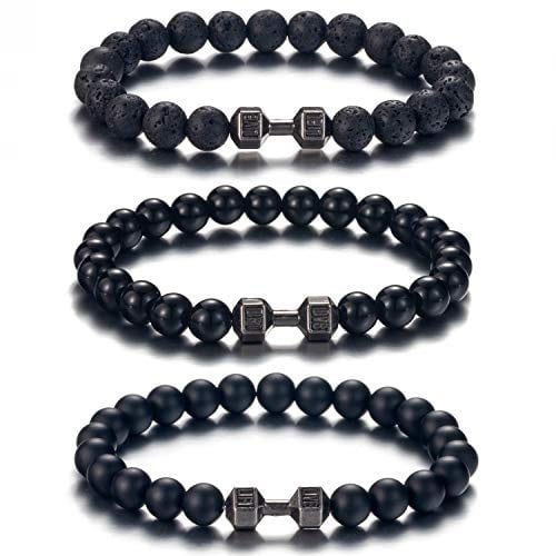 Softones Schwarze Charm-Hantel-Armbänder für Männer und Frauen, Naturstein, Hantel-Perlen, Armbänder, Set, Geschenke
