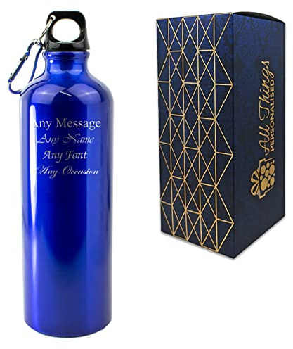Personalised Engraved 750ml Blue Gloss Painted Aluminium Sports Bottle with Any message. Sturdy screw lid with clip attachment. Comes with presentation box.