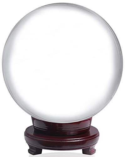 LONGWIN Bola de Cristal Transparente de 200 mm / 8 in para meditación, Esfera de Cristal, Soporte de Madera, Adornos para decoración del hogar