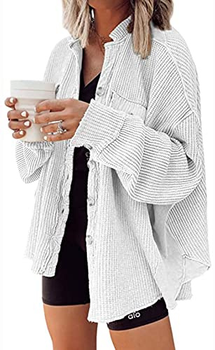loveimgs Oversized-Hemd in Waffelstrick für Damen, Kord-Shacket für den Herbst, Langarm-Shirt mit Knopfleiste, Jacke