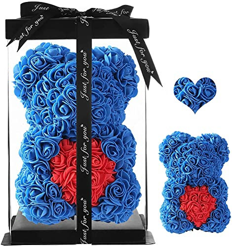 Ruiuzioong Rose Bear flower Rose Teddy Bear Hand Made Foam Rose Flower Bear with Gift Box - Best Gift for Valentines Day, Mothers Day, Wedding, Anniversary, Birthday (Sapphire)