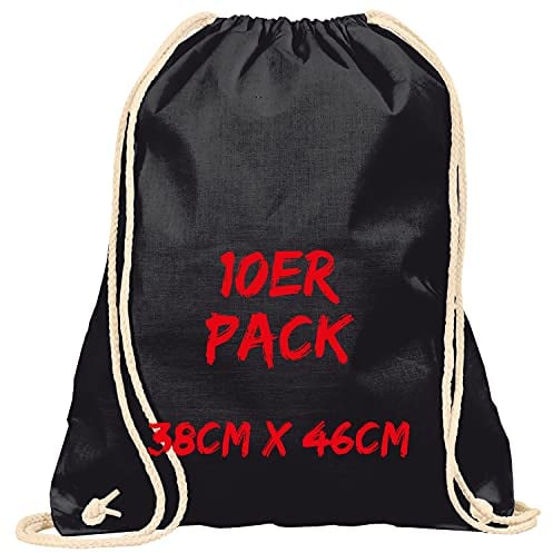 TEXXILLA Turnbeutel - 10er Pack | Schwarz | mit robusten Zugbändern | 38x46cm | Jutebeutel | Einkaufstasche | unbedruckt
