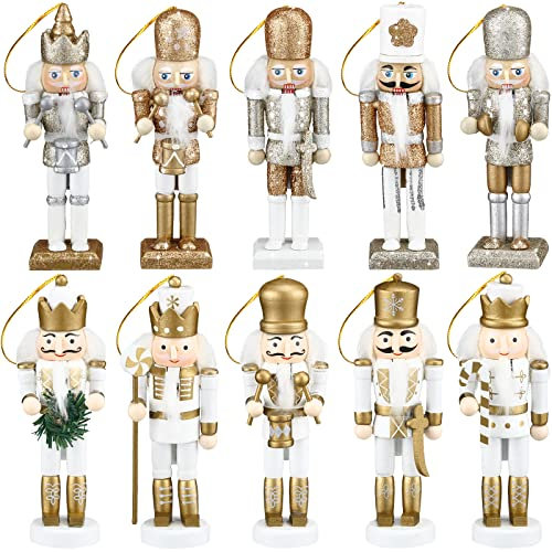 10 Pcs Christmas Nutcracker Ornaments Wooden Nutcracker Hanging Decorations 5 Inch Tall Nutcracker Figures Nutcracker Christmas Decorations Nutcracker Soldiers for Figures Puppet Toy (Gold Series)