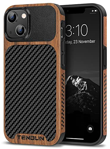 TENDLIN Compatible with iPhone 14 Plus Case Wood Grain with Carbon Fiber Texture Design Leather Hybrid Slim Case Black