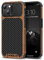 TENDLIN Compatible with iPhone 14 Plus Case Wood Grain with Carbon Fiber Texture Design Leather Hybrid Slim Case Black