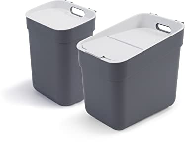 Curver - Juego 2 cubos de basura y reciclaje Ready to Collect 10+20L, Con soporte para pared o puerta, Ideal para Cocina o cuarto de baño, 100% reciclado, tapa y aro para bolsa, Color gris