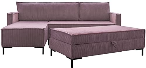 MIUFORM Ecksofa mit Schlaffunktion und Bettkasten (Hocker) Wendbar, Lincoln Wohnlandschaft L-Form mit Pouffe, Couch L Form Schlafcouch Pouf Wohnzimmer Sofa L Form, Metallfüße, Sofa Cord (Altrosa)