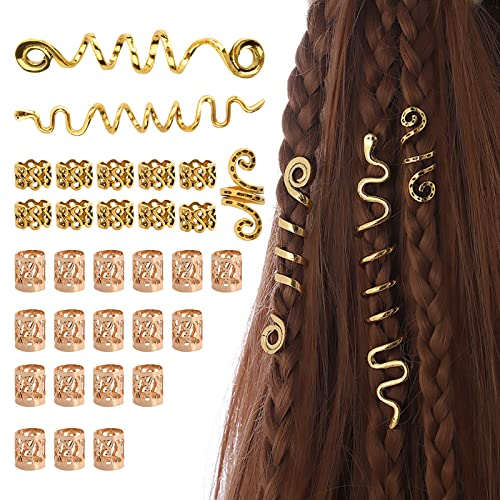 Laughhe 28 Stück Haar Dreadlocks Schmuck Gold, Dreadlocks Haarschmuck Haarspiralen Clips und Verstellbar Metall Cuffs Haar Geflecht Ringe Haar Flecht Perlen Haar Dreadlocks Zubehör Für Männer Frauen