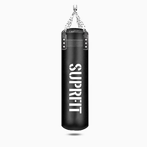 SUPRFIT - Boxsack Pro gefüllt 48 kg aus PU Leder schwarz - Heavy Duty Box Sack mit Stabiler Vierpunkt Stahlkettenaufhängung inkl. Drehgelenk für 360° Rotation - Punching Bag für Erwachsene 180 cm
