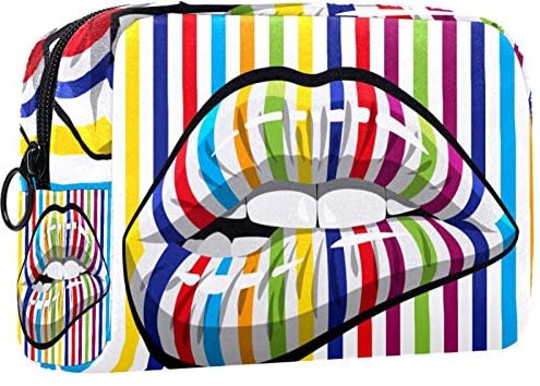 Reisekosmetiktasche,kleine Make-up-Tasche für Frauen,Kussmund mit Regenbogenstreifen,Kosmetik-Organizer-Tasche mit Reißverschluss
