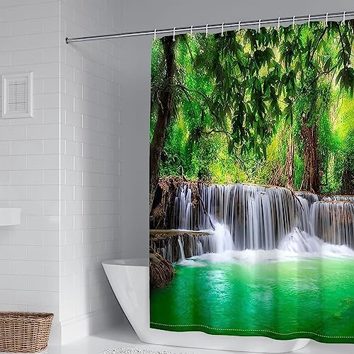 Duschrollo für Badewanne, Duschvorhang Motiv Grün Braun Polyester Wasserfallbaum und Fluss Duschvorhang für Damen 150X180cm
